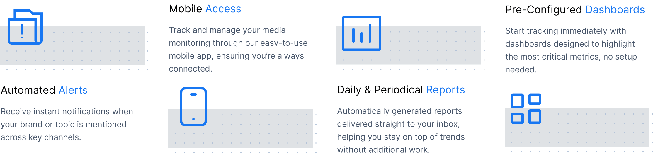 InfoBring features: Automated Alerts, Mobile Access, Daily & Periodical Reports, Pre-Configured Dashboards