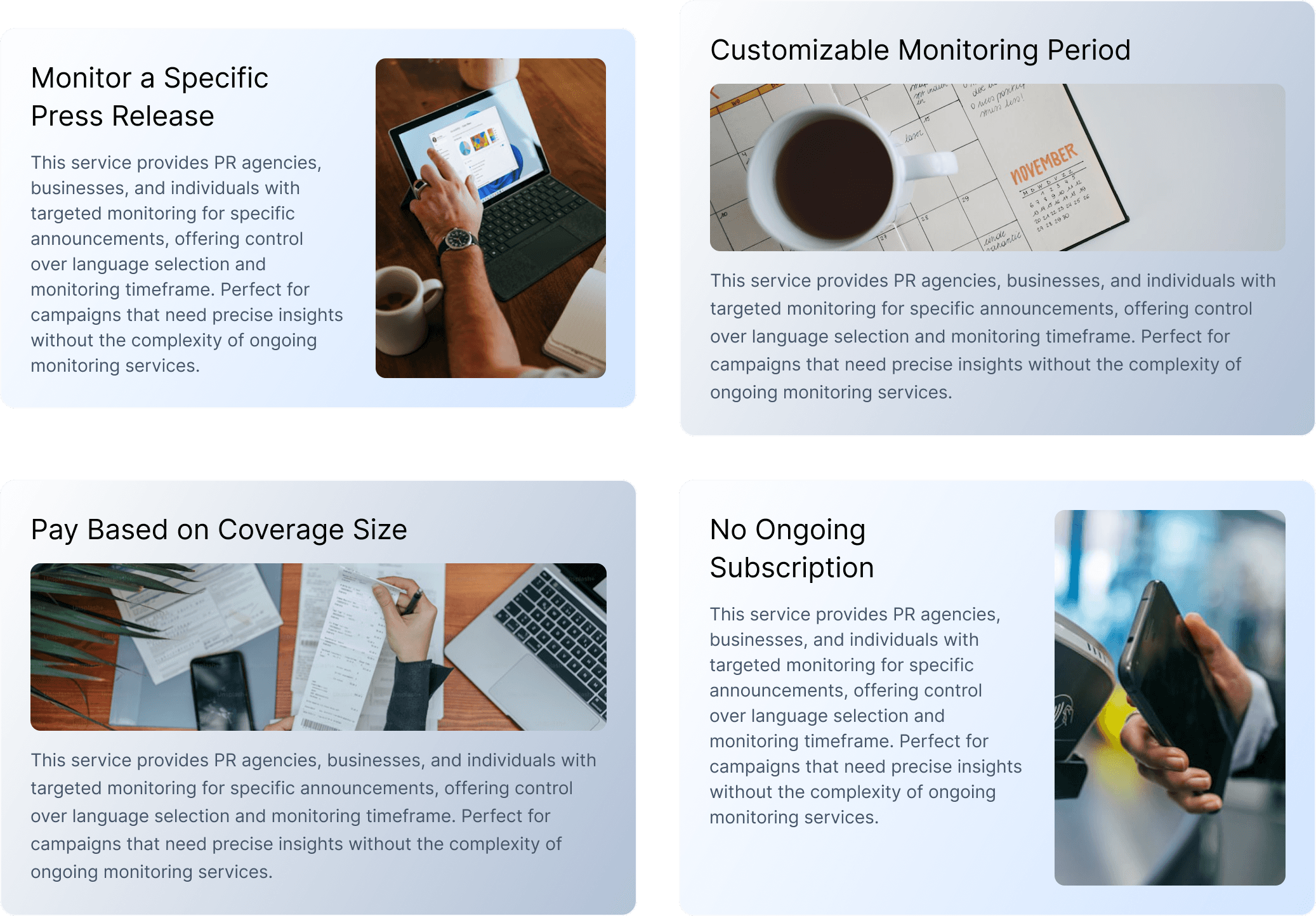 Pay-Per-Press features: Monitor a Specific Press Release, Customizable Monitoring Period, Pay Based on Coverage Size, No Ongoing Subscription